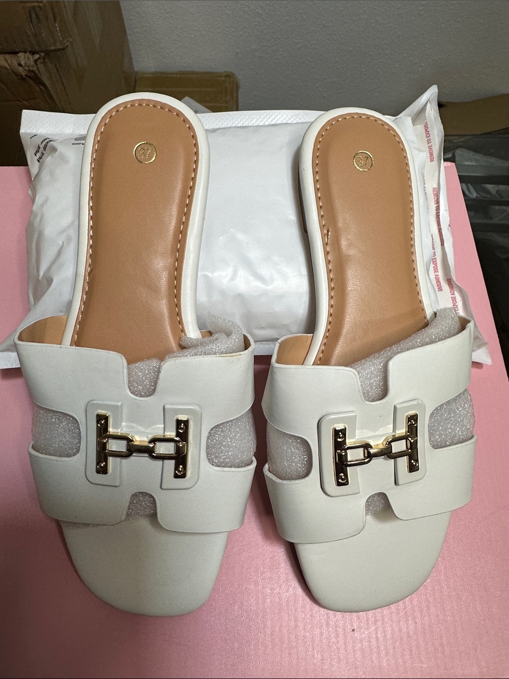 Women’s White Slide Mules with Gold Hardware